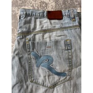 Rocawear Mens Denim Shorts Light Wash Distressed Logo Size 42